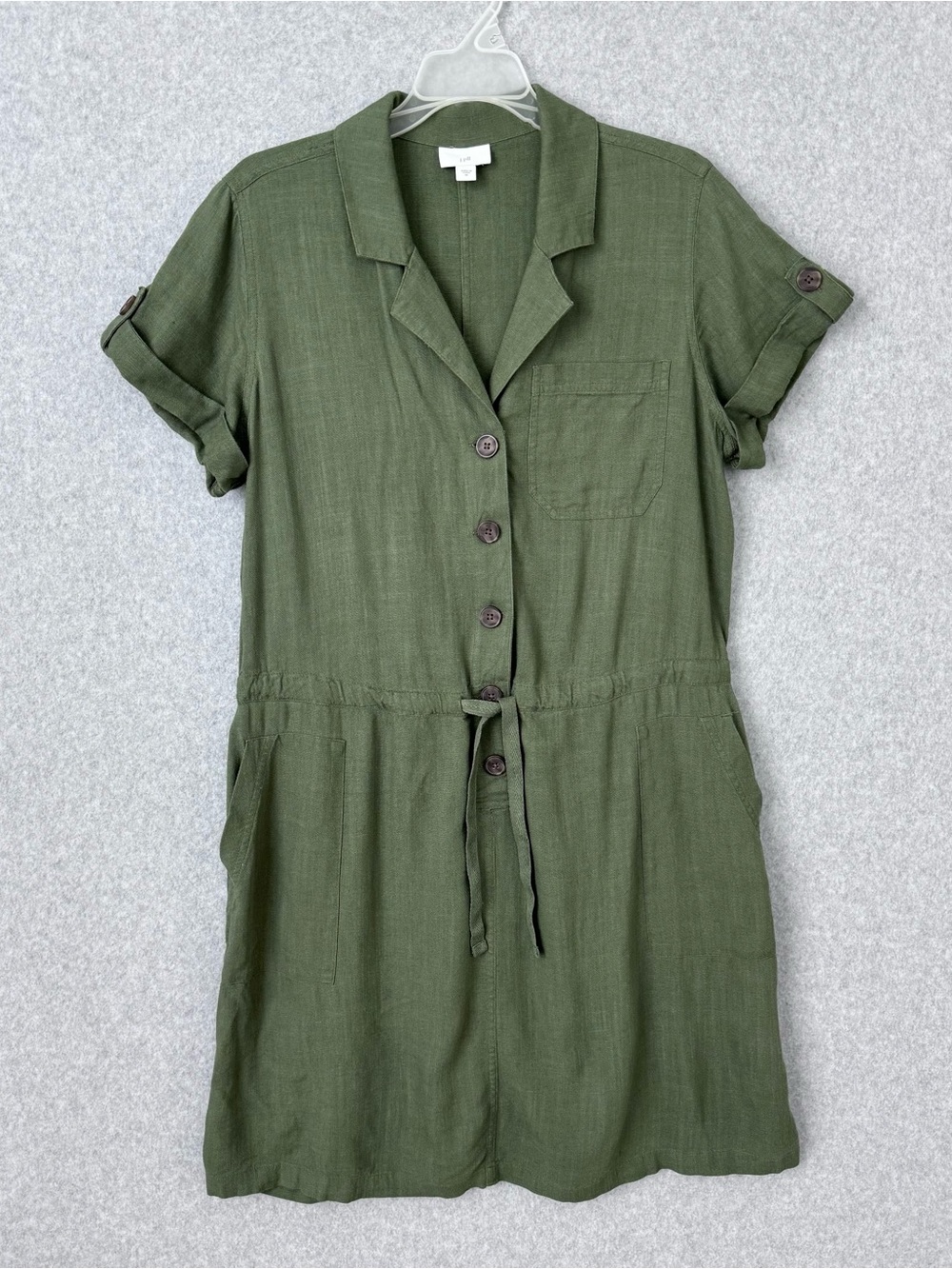 J Jill Utility Shirtdress Sz M Linen Blend Olive Green Pockets Drawstring Casual